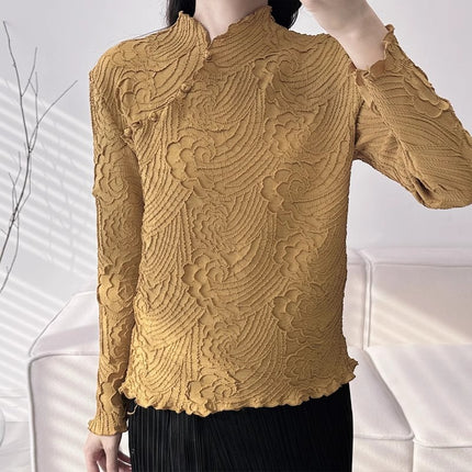 Miyake 2024 Summer New Chinese Style Slant-breasted Long-sleeved Three-dimensional Pleated Top Women's Two-piece Set with Tight Waist Skirt