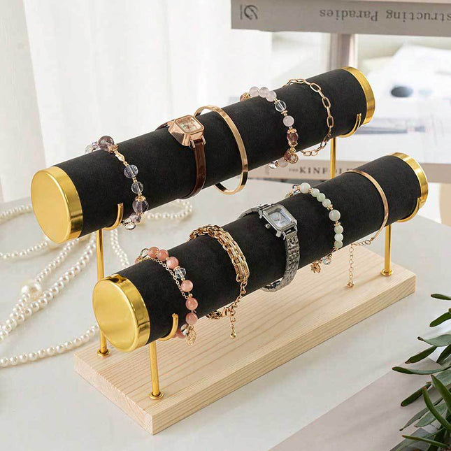 Golden Three-layer Jewelry Display Rack Bracelet Rack Iron Jewelry Props Stepped Wooden Base Bracelet Stand Stall