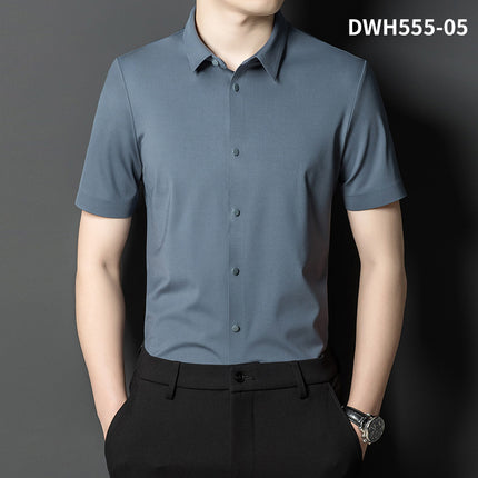 Summer New Vertical Striped Shirt for Men, Short-Sleeved Business Casual High-Elastic Seamless Shirt, Slim Fit Light Business