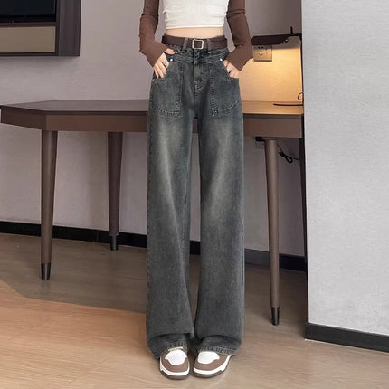 Cement Grey Straight Leg Jeans Women's Fashion All-match New American Style High Waist Slimming Loose Casual Wide Leg Pants