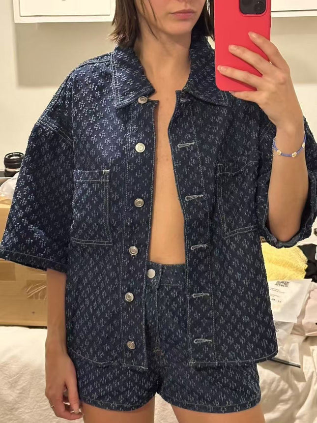 European and American Cross-Border 2025 New High-Waisted Hook Pattern Denim Shorts for Women Summer Hottie Loose Straight Wide-Leg Jeans for Women