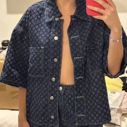 European and American Cross-Border 2025 New High-Waisted Hook Pattern Denim Shorts for Women Summer Hottie Loose Straight Wide-Leg Jeans for Women