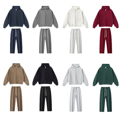 Cai Xiang Island Men's Clothing | European and American Style Heavyweight Boxy Short Wide Fleece Hooded Sweatshirt Set Men's Zip-Up Hoodie Set