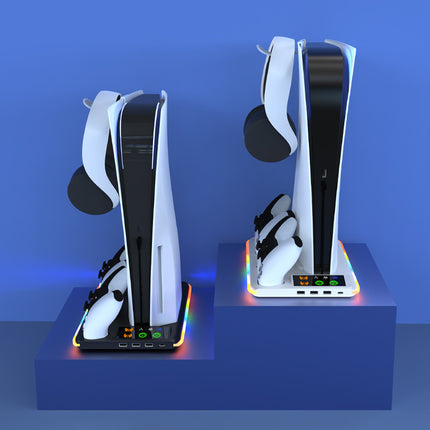Suitable for Ps5 Slim Multifunctional Cooling Base with Rgb Light, Ps5 Charging Base, Dual Controller Charging with Hook