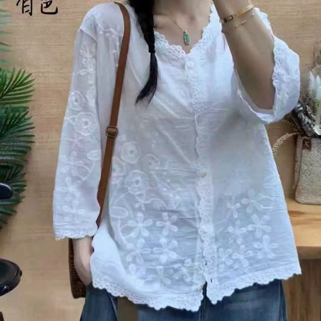 Unique Solid Color Casual Versatile Women's Shirt with Floral Embroidery, Single-Breasted Top, Thin Summer Artistic Blouse