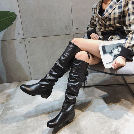 Cross-border foreign trade women's boots autumn and winter Europe and the United States solid color pleated high barrel thick heel round head back lace-up Knight Boots Boots in stock