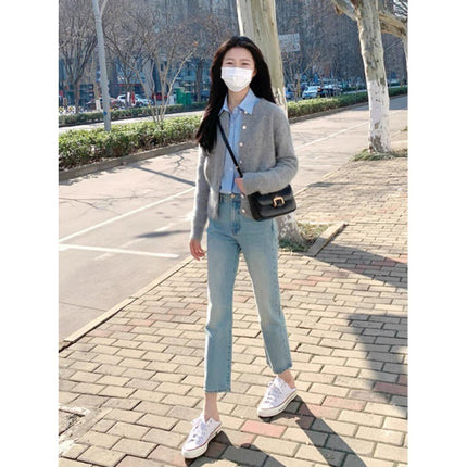 Autumn 2023 Korean women's clothing can be worn with salt and sweet for small people fashion casual knitted cardigan two-piece suit
