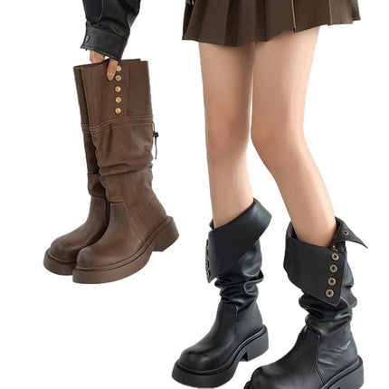 Maillard Brown Long Boots for Women 2025 New Spring and Autum Thick-Soled Retro High Knight Boots Pile Boots