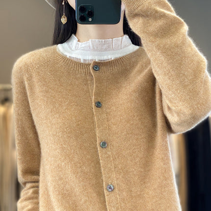 First-line clothing 100 full wool knitted cardigan women's autumn and winter New loose coat versatile comfortable sweater fashion