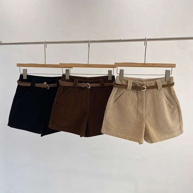 High-Waisted Corduroy Shorts with Belt for Women, New Korean Style, Fashionable and Versatile, Slimming A-Line Casual Wide-Leg Pants for Spring and Autumn