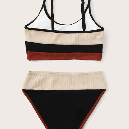 Sexy Color-Blocking European and American Cross-Border Amazon Strap Bikini Swimsuit for Women, Multi-Color Swimwear, Bandeau Fashion