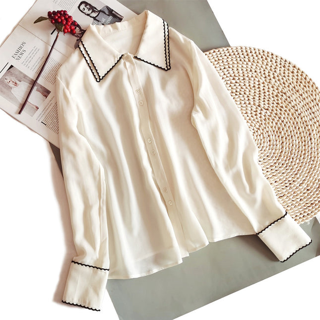 Special Offer: Commuter Ol Double-Layer Color-Block Embroidered Collar Long-Sleeve Silk Shirt for Women, Beige Vintage Washed Mulberry Silk Blouse
