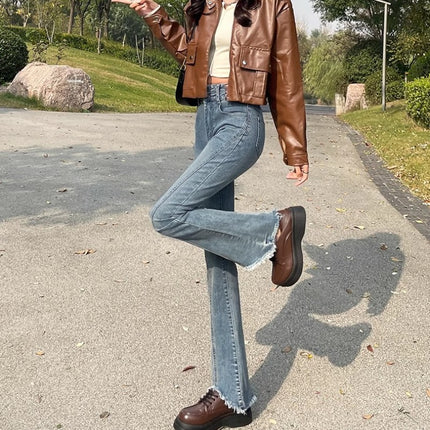 Vintage Blue Micro La Jeans Women's Autumn 2024 Fashionable All-match New High Waist Slimming Fur-edged Horseshoe Pants