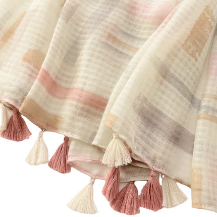 Elegant soft cotton and linen feel silk scarf colorful plaid geometric tassel large scarf travel sunscreen beach towel shawl