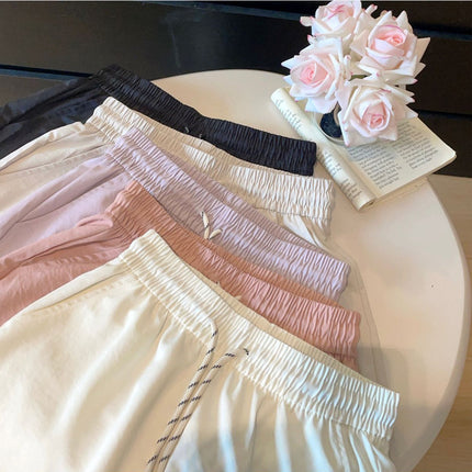 High-Waisted Wide-Leg Shorts for Women, Suitable for Wearing Outside, 2025 Summer Style, Petite Size, Elastic Waist, Crinkled Design with Drawstring