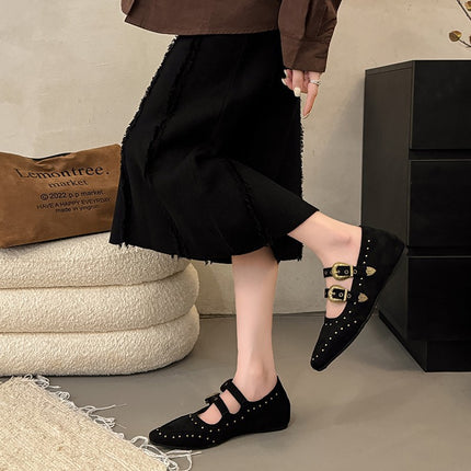 Retro Fashion Pointed Toe Brown Shoes for Women 2025 Autum New Versatile Rivet Flats Shallow Mouth Mary Jane Shoes