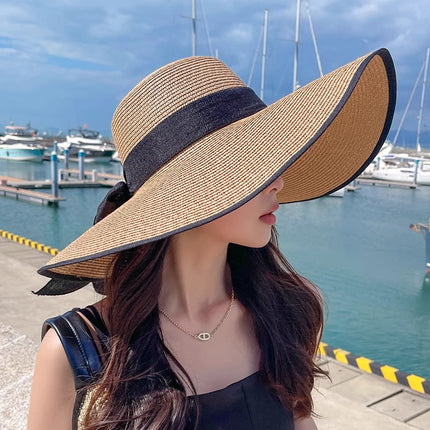 Cross-Border Women's Oversized Brim Woven Straw Hat Casual Face-Covering Sun Hat Simple Ribbon Sun Protection Uv Protection Sunshade