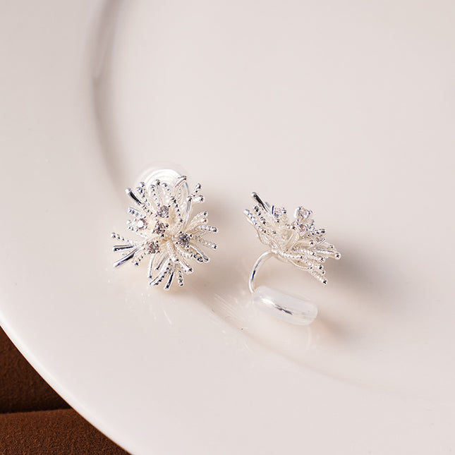 Light Luxury Retro High-End Silver-White Fireworks Earrings for Women Without Pierced Ears Mosquito Coil Ear Clip Design Light Luxury Earrings
