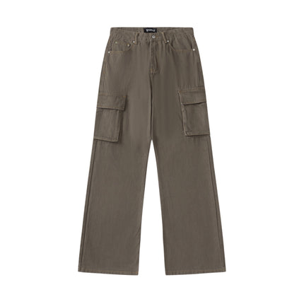 American Retro Clean Fit Slim Straight Jeans for Men Vintage Large Pocket Floor-Length Pants