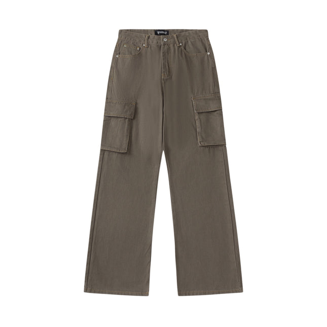 American Retro Clean Fit Slim Straight Jeans for Men Vintage Large Pocket Floor-Length Pants