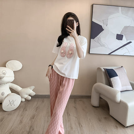 2024 Summer TikTok Explosions High-end Embroidered Beads Handmade Bead T-Shirt Women's Floating Embroidered Pants Women