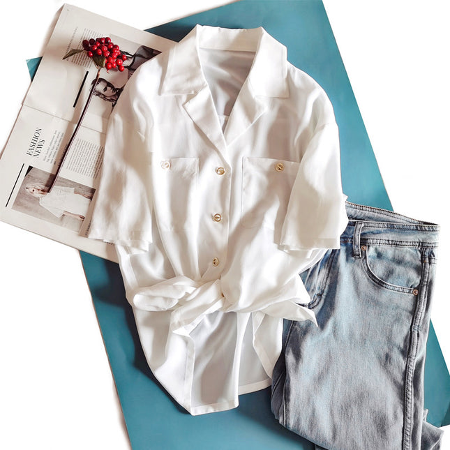 Women White Mulberry Silk Shirt Suit Collar Sand Washed Double Pocket Metal Buttons Long Sleeve S-L / Chemise Soie Mûrier Femme Blanche Col Tailleur Lavée Sable Double Poche Boutons Métal Manches Longues S-L