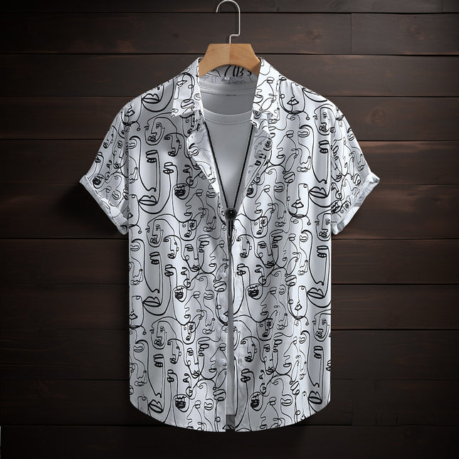 Men's Short-sleeved Shirt Figure Line Printing Foreign Trade Men's Casual Fashion Weiyi Holiday Summer 2025 New