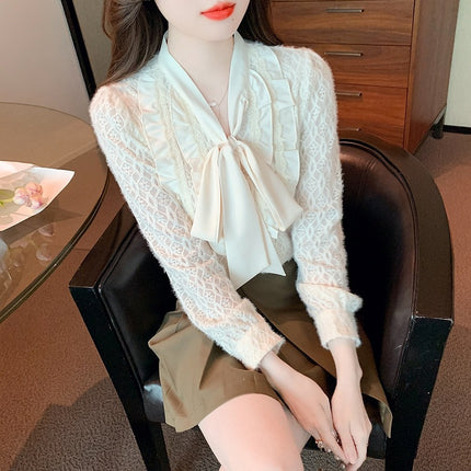 French Brushed Lace Shirt Women's Spring New Bow Style Ruffled Elegant Base Top