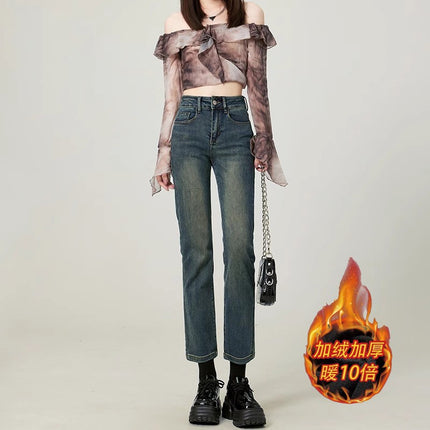fleece-lined Thickened Narrow Cropped Straight Jeans Women's Trendy All-match High Waist Loose Slimming French Stick Pipe Pants