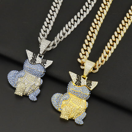 Diamond-encrusted cartoon turtle pendant Cuban chain necklace European and American hip-hop style exaggerated hip-hop wearing animal pendant neck chain
