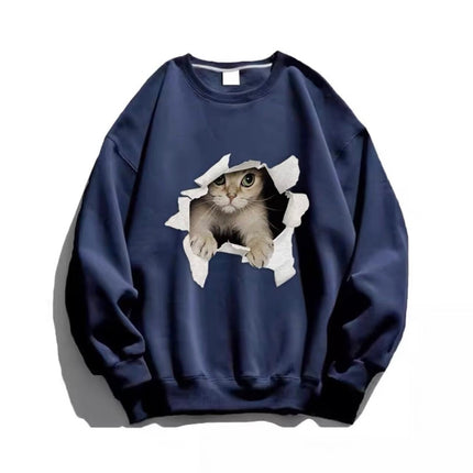 Lazy Style Cat Casual Long-sleeved fleece-lined Sweat Women's Autumn and Winter Loose Design Niche Couple's Crewneck Top