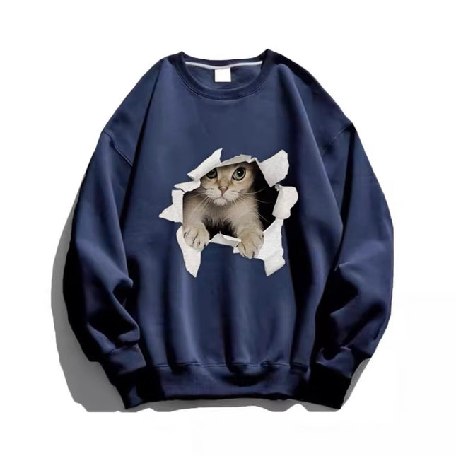 Lazy Style Cat Casual Long-sleeved fleece-lined Sweat Women's Autumn and Winter Loose Design Niche Couple's Crewneck Top