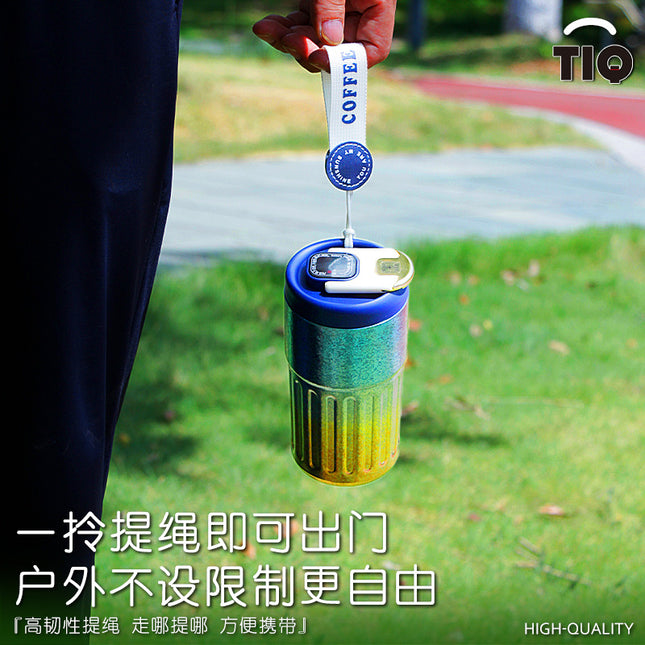 Pure Titanium Insulated Cup with Strap, Coffee Cup, Car-Mounted One-Handed Opening Lid, Antibacterial and Fresh-Keeping Titanium Cup, Fully Titanium Car-Mounted Portable