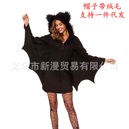 Women's Vampire Bat Cosplay Hooded Costume Halloween Black Bat Jumpsuit Prom Performance Costume