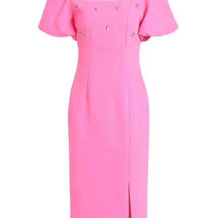 Zhili French-Style Feminine Dress 2026 Summer Handmade Rhinestone Puff Sleeves Side Slit Bodycon Dress That Enhances the Figure