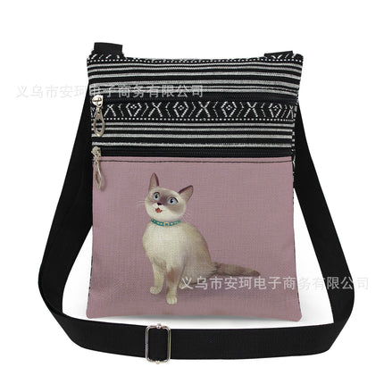 Cross-Border New Product Double Zipper Cat Print Single Shoulder Crossbody Bag Ultra-Light Cross-Border Style Messenger Bag Fashionable and Cute Women's Bag