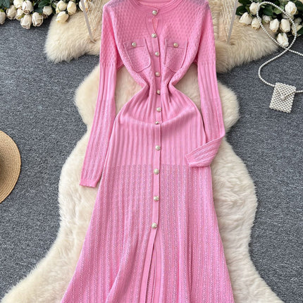 High-Quality 2025 Autumn Chanel-Style Private Wear for Socialites, Women's Knit Slit Dress with Round Neck and Bodycon Skirt