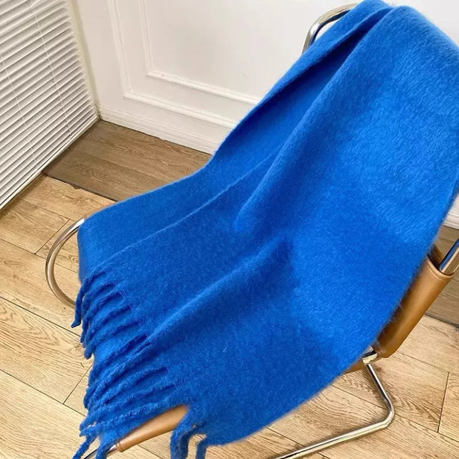 Women's mohair scarf winter Klein blue tassel large shawl soft waxy thick warm scarf solid color scarf men
