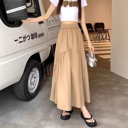 Summer Army Green pleated pleated skirt for children 2024 new small elastic waist A- line long skirt worker