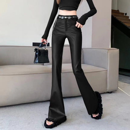 Cross-border Maillard wear retro pu leather pants women's autumn and winter new fashion chain high waist slimming casual pants