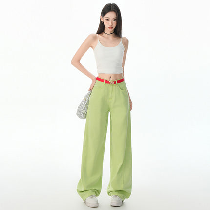 Green and Pink Dopamine Jeans for Women 2025 New High-Waisted Slimming Loose Wide-Leg Versatile Floor-Length Casual Pants