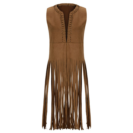 2025 Women's European and American Style New Suede Tassel Vest Jacket Popular Sleeveless Mid-Length Vest Outer Wear