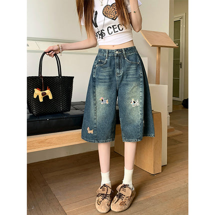 American Retro Dog Embroidery Jeans for Women, Summer New High-Waisted Wide-Leg Straight Pants
