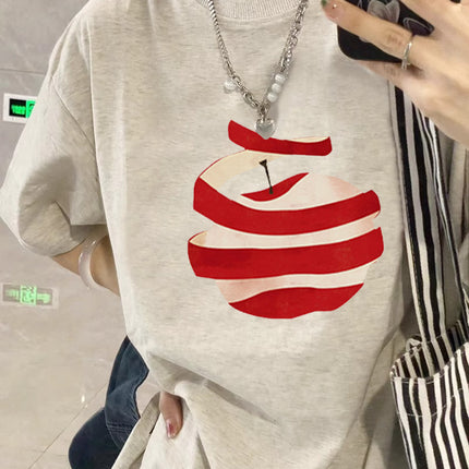 White Pure Cotton Apple Short-Sleeve T-Shirt for Women, Summer 2026 New Design, Niche Style, Regular Shoulder, Loose Half-Sleeve Top, Trendy