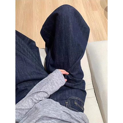 2025 Korean Women's dark blue Wide Leg Pants High Street New Design Sense High Waist Denim Pants Loose Mop