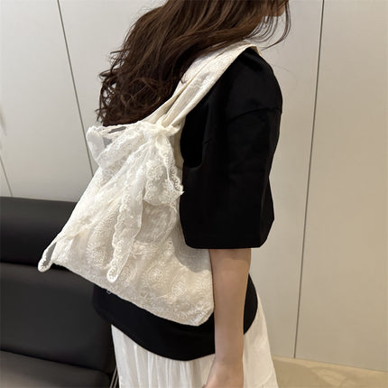 Korean Style Small Fresh Lace Flower Canvas Bag 2025 New Large Capacity Commuter Lazy Style Single Shoulder Large Tote Bag