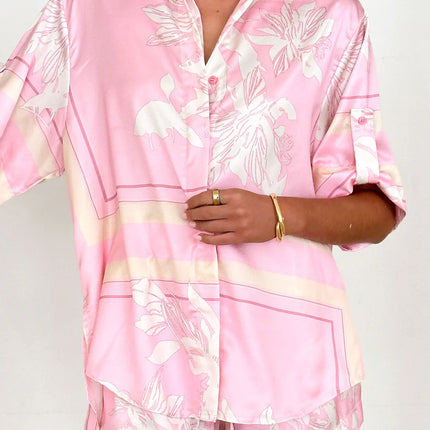 Spot 25 Years of European and American Cross-Border Summer New Fashion Casual Printed Cardigan Shirt Shorts Suit 68517