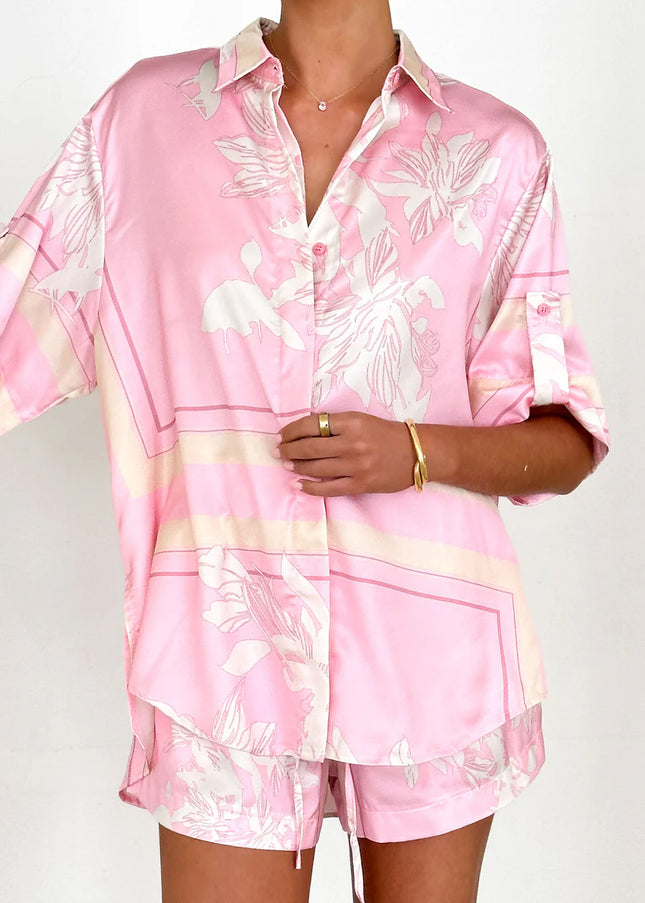 Spot 25 Years of European and American Cross-Border Summer New Fashion Casual Printed Cardigan Shirt Shorts Suit 68517