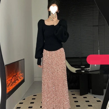plus size Spring and Autumn New Elegant Velvet Sequin Skirt 2025 High Waist Skirt Fashion Hip-Covering Skirt