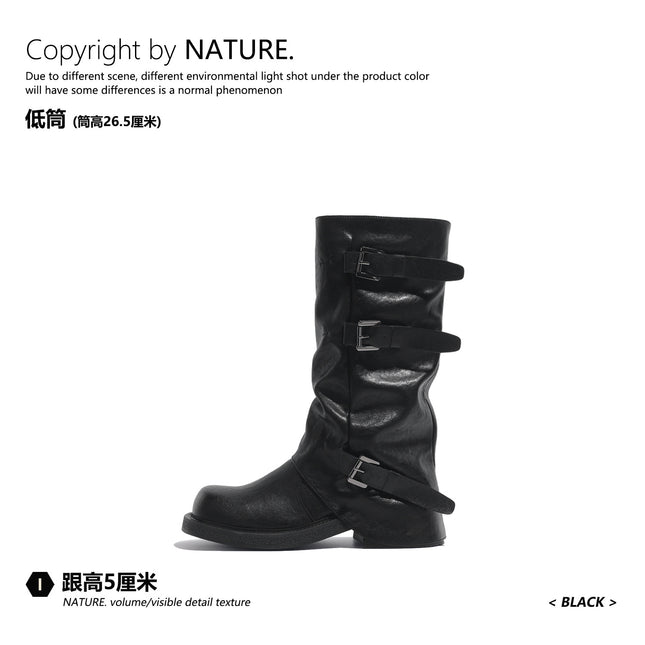 Thick-Soled Belt Buckle Trouser Boots for Women, Pleated Soft Leather Square and Round Toe Mid-Calf Boots, Autumn and Winter New High-Top Knight Boots